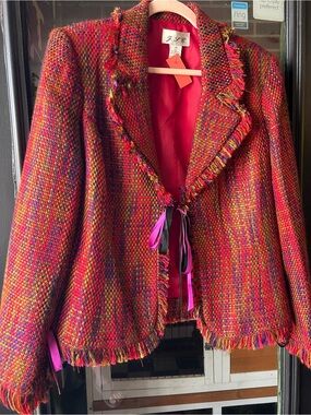 Red Multi-Color Bouclé Fringed Jacket by J.P.C. Size 10